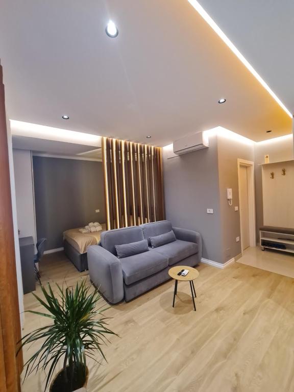 Open-plan living room with grey sofa and wood-slat divider