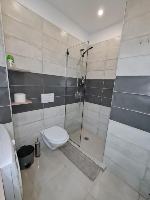 Walk-in shower with glass screen