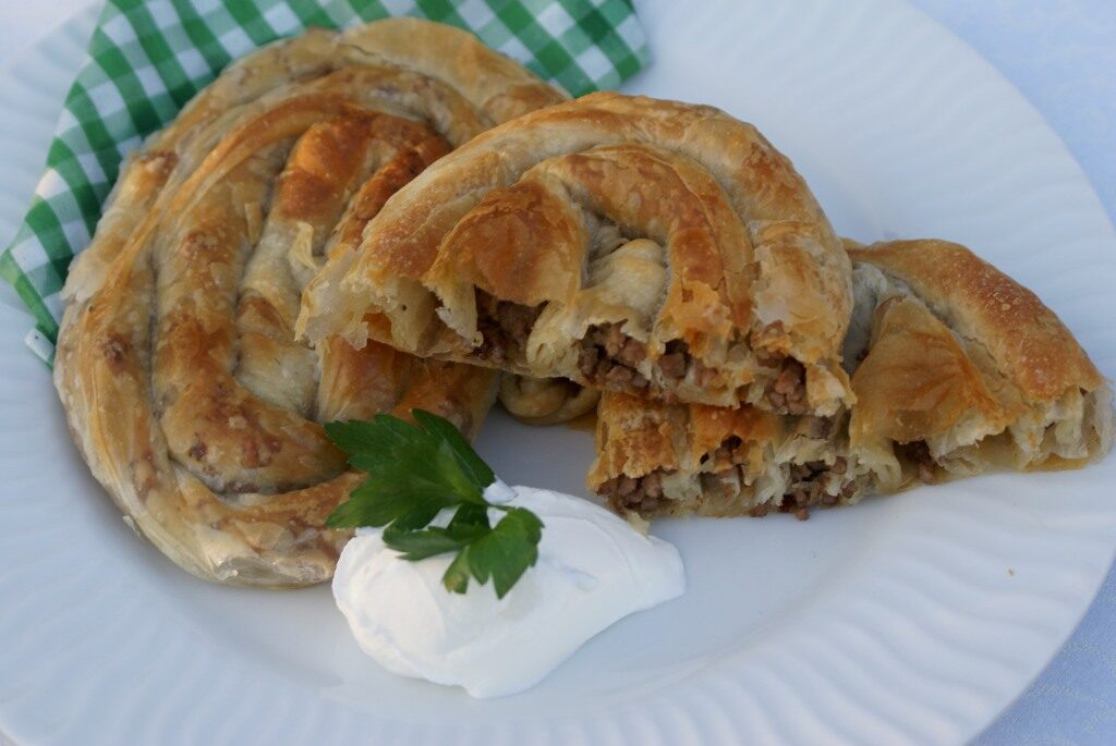 Traditional Albanian byrek pastry served on a plate
